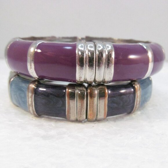 Enamel Bamboo Style Hinge Bracelets Set of 2 Purple and Green Blues - Picture 3 of 16